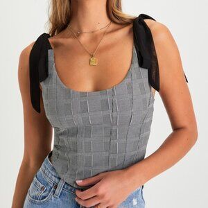 Lulus Chic Temptation Black And Ivory Plaid Tie-strap Crop Top - Size XL